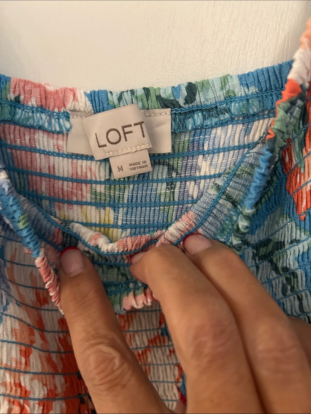 LOFT Blue Floral Smocked Dress with Coral Accents. Dress has pockets. - Picture 2 of 4